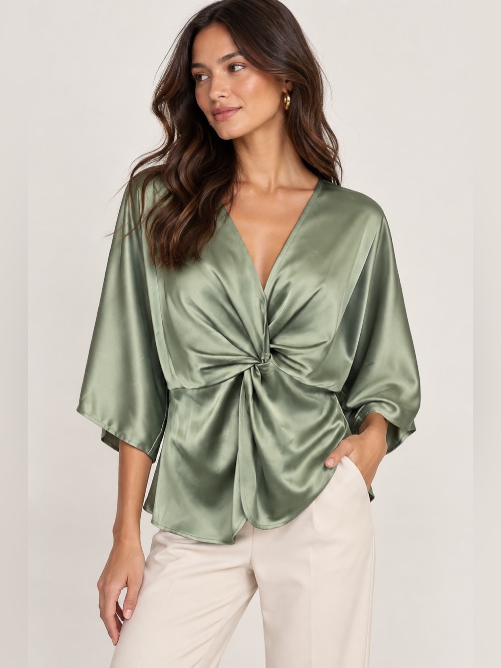 Pleione Satin Twist-Front Blouse - Sage Green Size Large